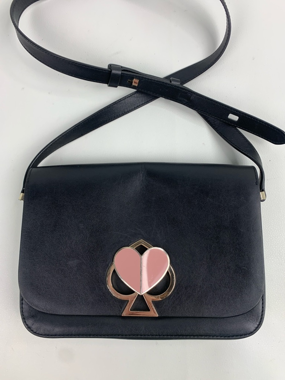 kate spade Black Leather Crossbody with Pink Heart Spade Accent Nicola Twistlock